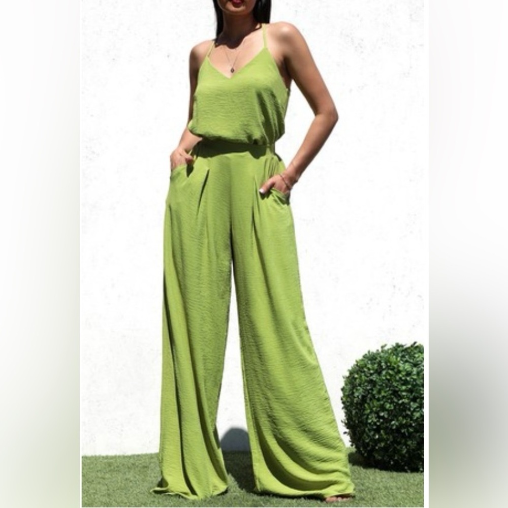 Lime Green Two Piece Skinny Strap Crop Top & Wide Leg Pants